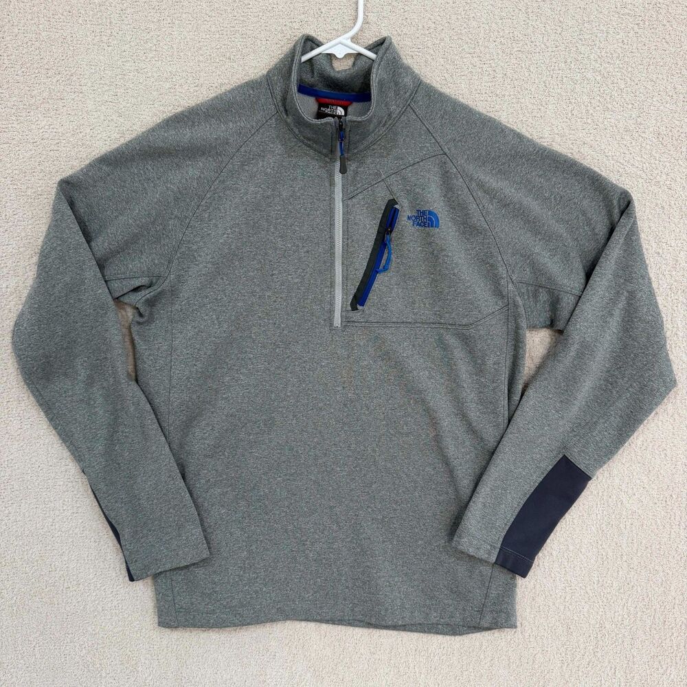 The North Face Quarter Zip Fleece Pullover Mens L Gray Blue Chest Pocket Mock
